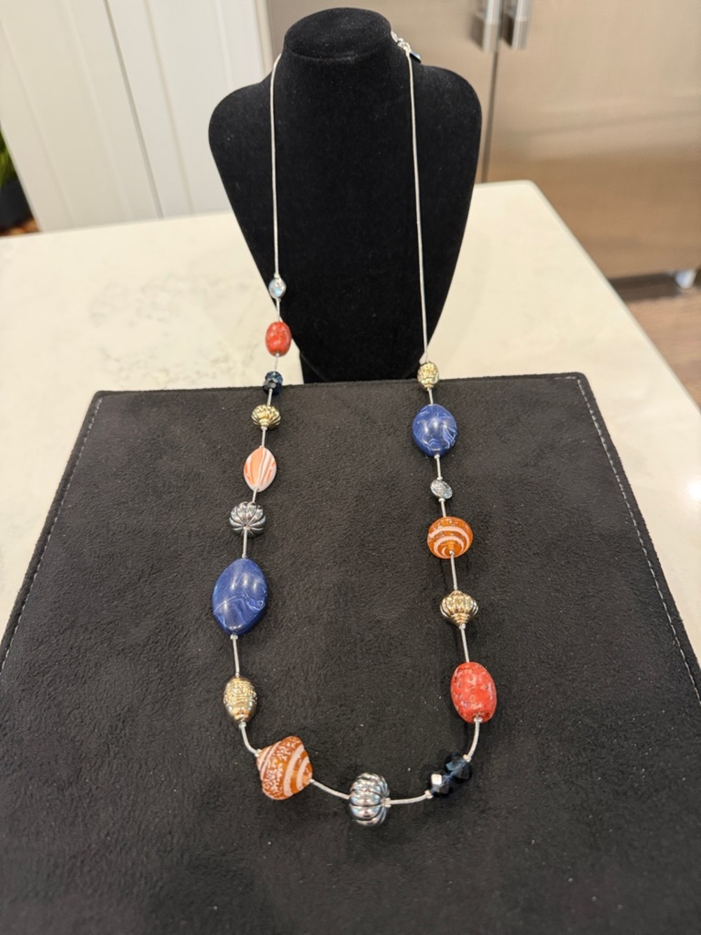 Chico's Multicolor Beaded Necklace with Blue, Orange & Red Accents